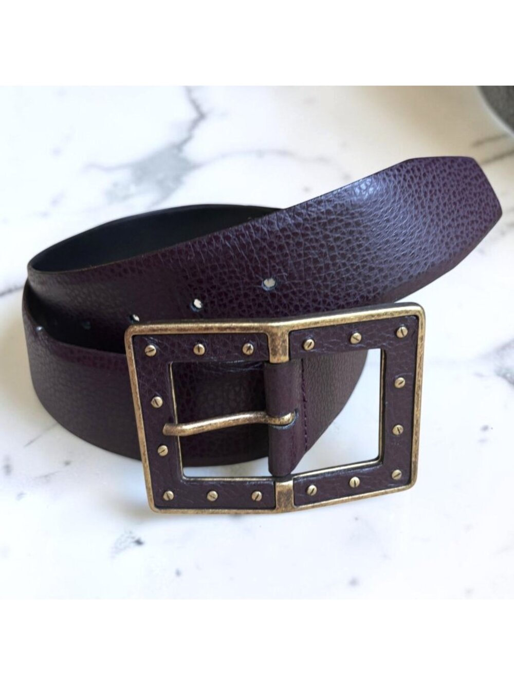 Juliana Collezione Leather Belt Brown Brass Studded Statement Buckle Y2K M
